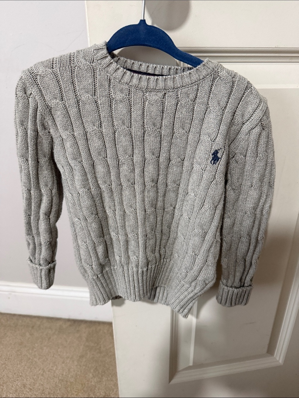 Polo by Ralph Lauren Light Gray Cable-Knit Crewneck Sweater with Navy Pony